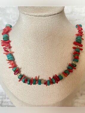 Southwestern Turquoise & Coral Chip Bead Necklace Boho Statement